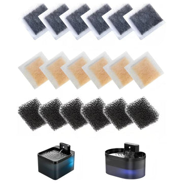 18-Pack Complete Cat Fountain Filter Set: 6 Resin + 6 Carbon + 6 Foam Sponges with Opening Tool, Compatible with Pet Water Fountain (Model B0FCYBHS61)